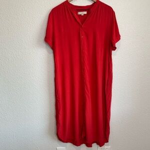 LOFT Women's XXL Button Down Red Flowy Relaxed Shirt Dress Summer Boho Airy Midi